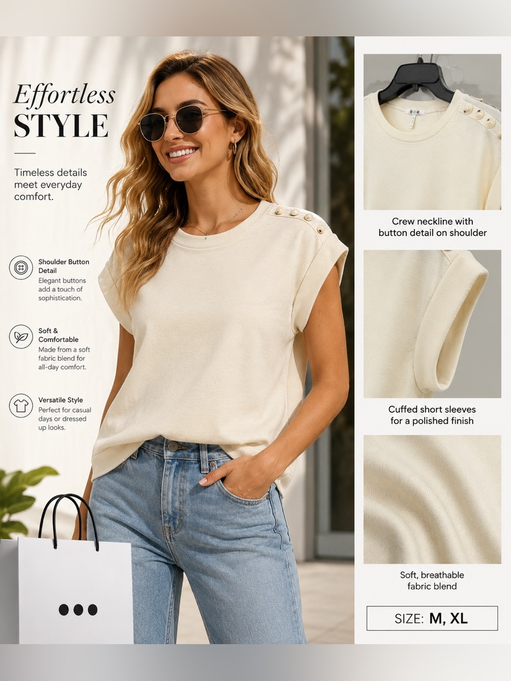 Three Dots Cream Shoulder-Button Muscle Tee